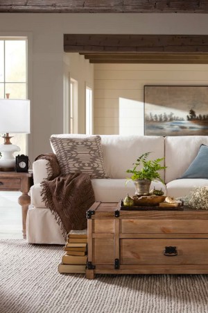 Taupe Farmhouse Cottage Sofa with Throw Pillows - Soul & Lane