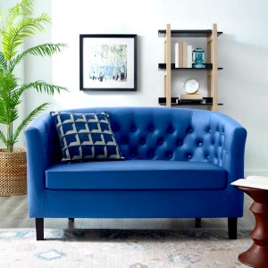 small blue leather love seat for small office space